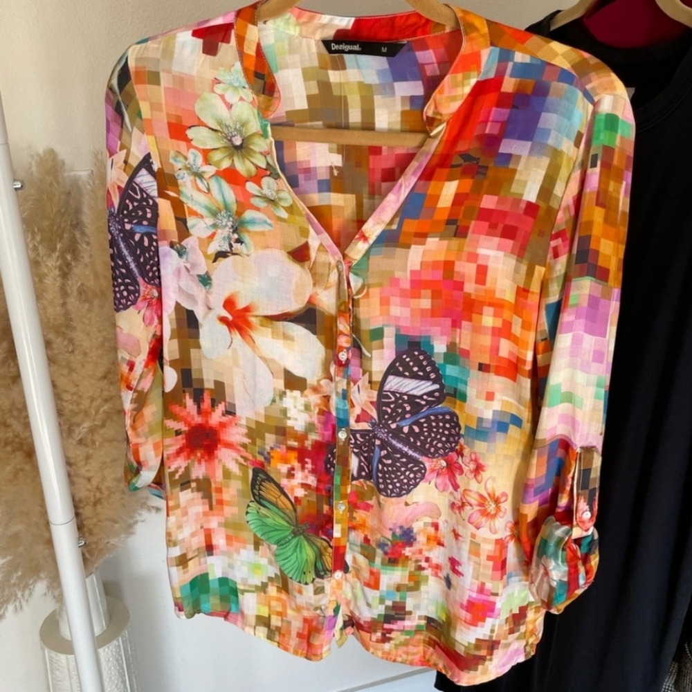 Desigual Button-Up V-Neck Vibrant Butterfly Shirt